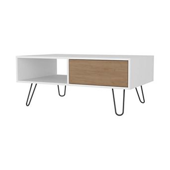 Gramling Coffee Table with a Drawer and Hairpin Legs, White + Natural Oak
