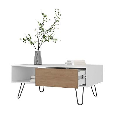 Gramling Coffee Table with a Drawer and Hairpin Legs, White + Natural Oak