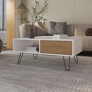 Gramling Coffee Table with a Drawer and Hairpin Legs, White + Natural Oak