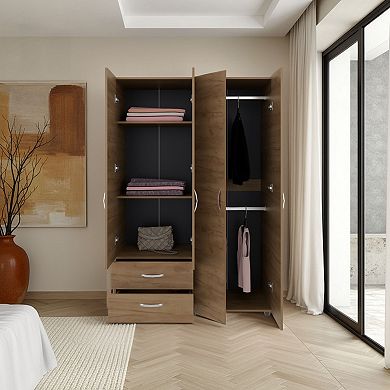 DEPOT E-SHOP Rye Armoire, 4 Doors, 2 Drawers, 3 Shelves, Natural Oak / Black