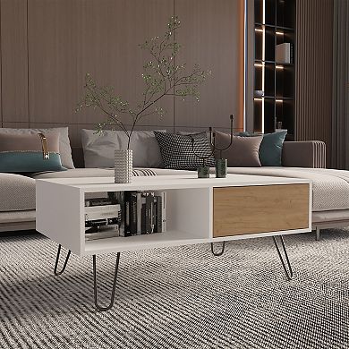 DEPOT E-SHOP Ranlo Coffee Table, 1 Drawer, 1 Shelf, White / Natural Oak