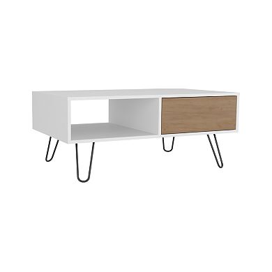 DEPOT E-SHOP Ranlo Coffee Table, 1 Drawer, 1 Shelf, White / Natural Oak