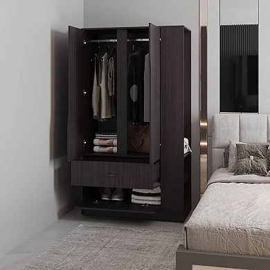 DEPOT E-SHOP Melvern Armoire, 3 Doors, 1 Drawer, 4 shelves, Black Wengue