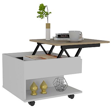 Babel Lift Top Coffee Table, Casters, One Shelf, White / Light Oak