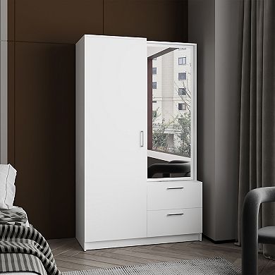 DEPOT E-SHOP Vinco Armoire, 1 Door, 2 Drawers, 6 Shelves, 1 Mirror, White
