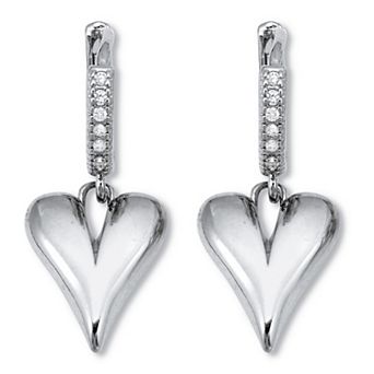 PalmBeach Jewelry Round Crystal Silvertone Dangling Heart Hoop Earrings, 28mm
