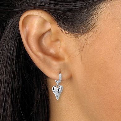 PalmBeach Jewelry Round Crystal Silvertone Dangling Heart Hoop Earrings, 28mm