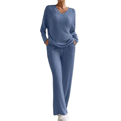 Women's Pajama Sets Long Sleeve 2 Piece Lounge Sets Ribbed Knit Sweater Sleepwear