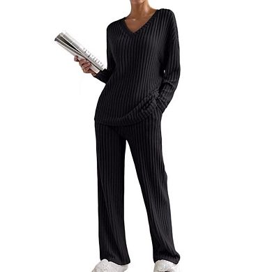 Women's Pajama Sets Long Sleeve 2 Piece Lounge Sets Ribbed Knit Sweater Sleepwear