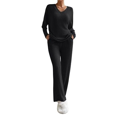 Women's Pajama Sets Long Sleeve 2 Piece Lounge Sets Ribbed Knit Sweater Sleepwear