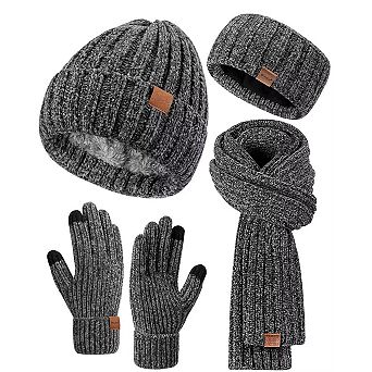 Chenille Winter 4 pc Set: Hat, Gloves, Scarf, Headband - Touchscreen Gloves, Extra-Long Scarf