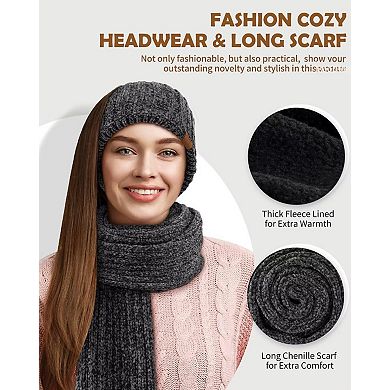 Chenille Winter 4-Piece Set: Hat, Gloves, Scarf, Headband - Touchscreen Gloves, Extra-Long Scarf