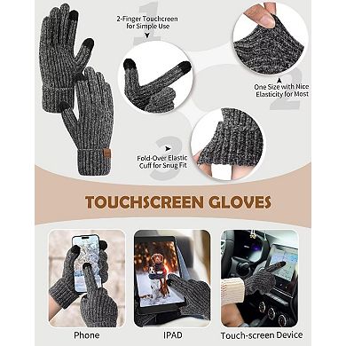 Chenille Winter 4-Piece Set: Hat, Gloves, Scarf, Headband - Touchscreen Gloves, Extra-Long Scarf