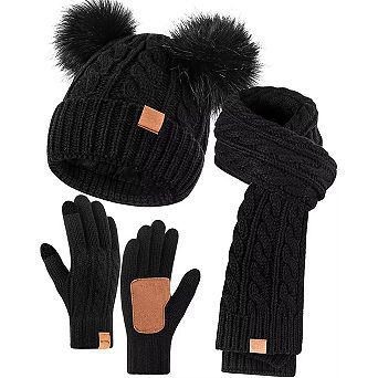 Fleece Lined Beanie Hat, Touchscreen Gloves, Long Knit Scarf - Winter Set for Women
