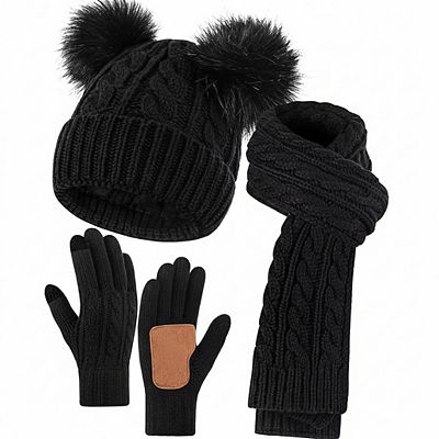 Fleece Lined Beanie Hat Touchscreen Gloves Long Scarf 3Pcs Set Winter 3Pcs Windproof Winter Headwear: Beanie, Scarf, Touchscreen  main image 3