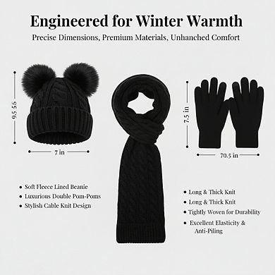 Fleece Lined Beanie Hat, Touchscreen Gloves, Long Knit Scarf - Winter Set for Women