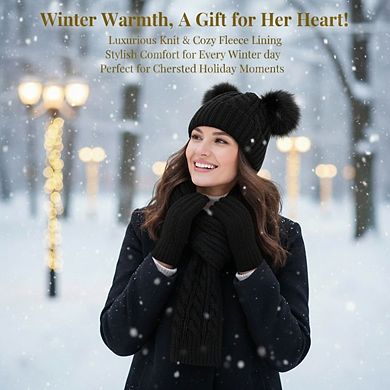Fleece Lined Beanie Hat, Touchscreen Gloves, Long Knit Scarf - Winter Set for Women