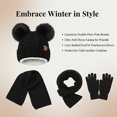 Fleece Lined Beanie Hat, Touchscreen Gloves, Long Knit Scarf - Winter Set for Women