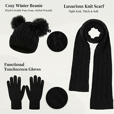 Fleece Lined Beanie Hat, Touchscreen Gloves, Long Knit Scarf - Winter Set for Women