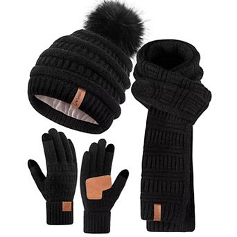 Womens Winter Hat Scarf Gloves Set Touchscreen Gloves Warm Fleece Lined Long Scarf Fashionable