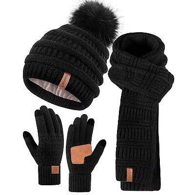 Winter Beanie Scarf Gloves Set Fleece Lined Touchscreen One Size Bodychum 3-Pc Winter Set: Knit Beanie, Scarf & Touchscreen  main image 3