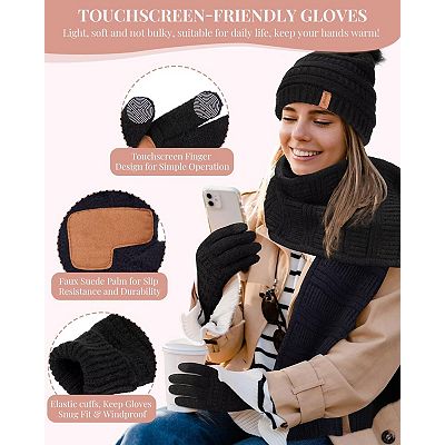 Womens Winter Hat Scarf Gloves Set Touchscreen Gloves Warm  display picture 2