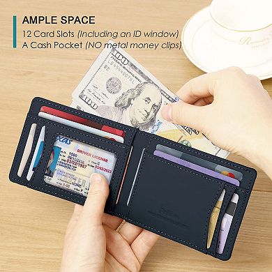 Pefiam Men's Full Grain Leather Bifold Wallet, 12 Card Slots, RFID Blocking, Slim Design