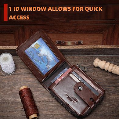 Leather Wallet with RFID Blocking, 14 Card Slots, 2 Cash Compartments, ID Window, Compact Design