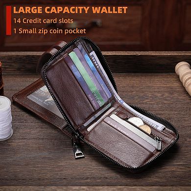 Leather Wallet with RFID Blocking, 14 Card Slots, 2 Cash Compartments, ID Window, Compact Design