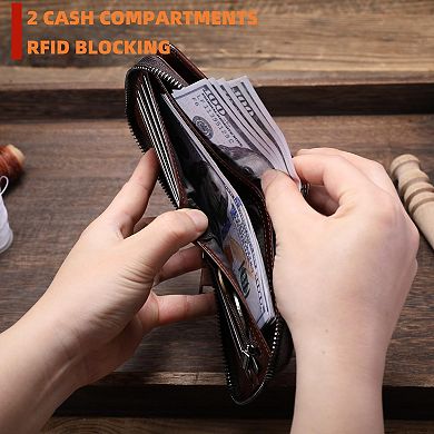 Leather Wallet with RFID Blocking, 14 Card Slots, 2 Cash Compartments, ID Window, Compact Design