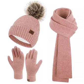 3 in 1 Women's Knit Winter Warm Set: Pom Hat, Long Scarf, Touchscreen Gloves