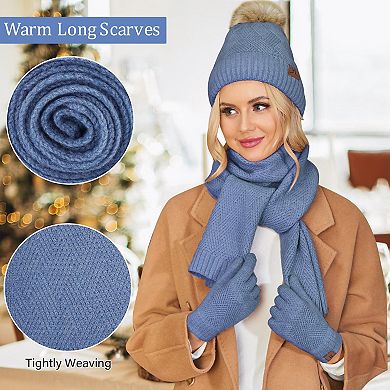 3 in 1 Women's Knit Winter Warm Set: Pom Hat, Long Scarf, Touchscreen Gloves