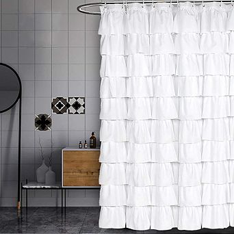 70 in Long White Polyester Farmhouse Shower Curtain with Ruffles - Privacy, Quick-Dry, Tear-Resistant