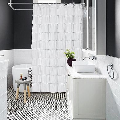 70in Long White Polyester Farmhouse Shower Curtain with Ruffles - Privacy, Quick-Dry, Tear-Resistant
