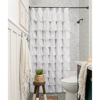 70in Long White Polyester Farmhouse Shower Curtain with Ruffles - Privacy, Quick-Dry, Tear-Resistant