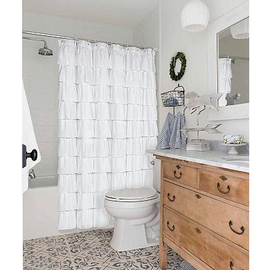 70in Long White Polyester Farmhouse Shower Curtain with Ruffles - Privacy, Quick-Dry, Tear-Resistant