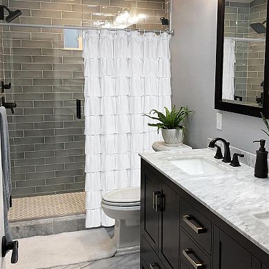 70in Long White Polyester Farmhouse Shower Curtain with Ruffles - Privacy, Quick-Dry, Tear-Resistant