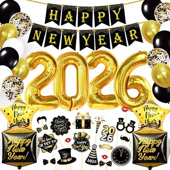 New Year 2026 Party Set: 76 Balloons, Gold 2026 Numbers, Black & Gold Decor, Photo Props
