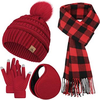 4 pc Women's Winter Set: Hat, Scarf, Gloves, Ear Muffs, Touchscreen Cap, Knit Plaid