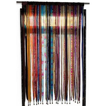 Multicolour Ribbon Curtain with Bells 85" x 45" Recycled Silk Sari Decor for Living Room/Bedroom