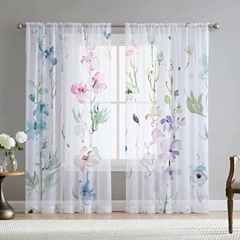 Elegant Blue Pink Floral Printed Chiffon Curtains, 54x84" Panels, Soft Breathable, Easy Care