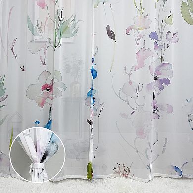 Elegant Blue Pink Floral Printed Chiffon Curtains, 54x84" Panels, Soft Breathable, Easy Care