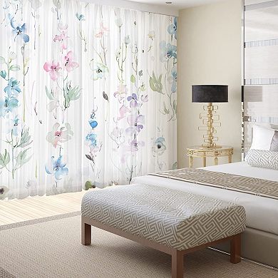 Elegant Blue Pink Floral Printed Chiffon Curtains, 54x84" Panels, Soft Breathable, Easy Care