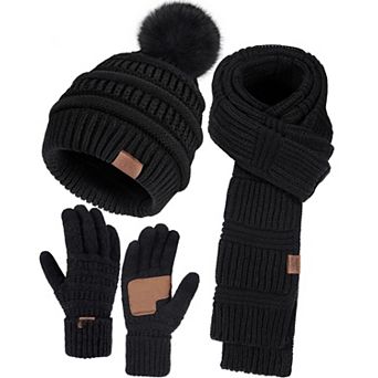 3 pc Women's Winter Set: Knit Beanie, Touchscreen Gloves, Long Scarf - Stylish & Warm