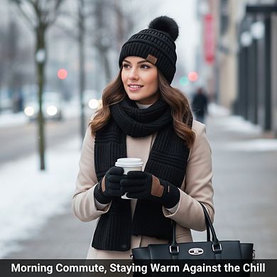 3-Piece Women's Winter Set: Knit Beanie, Touchscreen Gloves, Long Scarf - Stylish & Warm