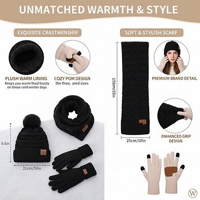 3-Piece Women's Winter Set: Knit Beanie, Touchscreen Gloves, Long Scarf - Stylish & Warm