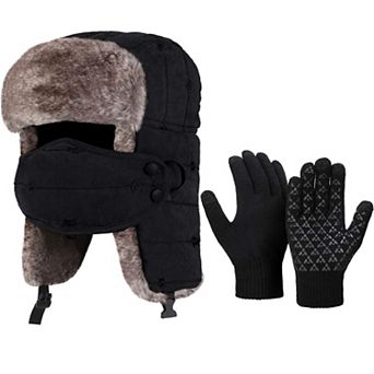 Warm Winter Trapper Hat & Touchscreen Gloves - Adjustable Ear Flaps, Waterproof, Breathable