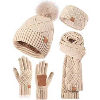 4 pc Winter Set: Hat, Scarf, Gloves, Headband for Women Touchscreen Gloves, Extra-Long Scarf