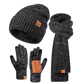 Unisex Winter 3 pc Set: Touchscreen Gloves, Foldable Hat, Thick Scarf - for Cold Weather