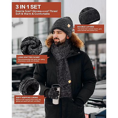 Unisex Winter 3-Piece Set: Touchscreen Gloves, Foldable Hat, Thick Scarf - for Cold Weather